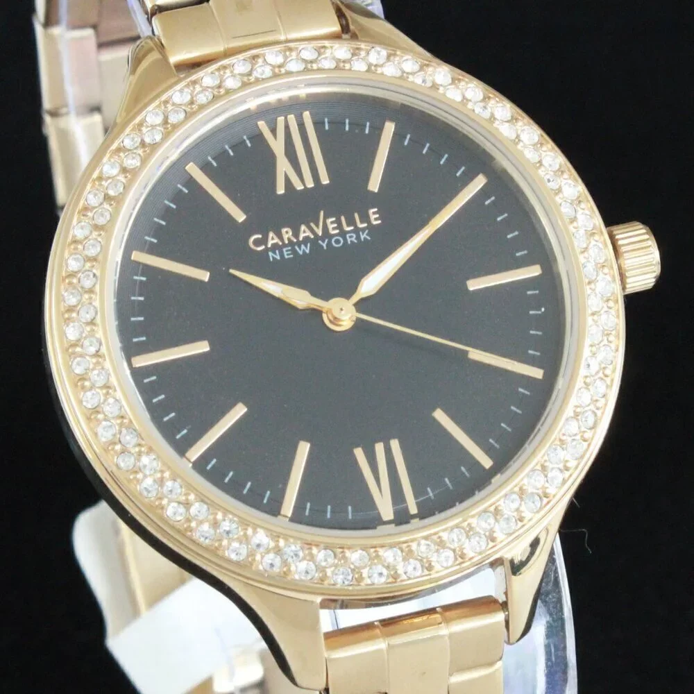 Caravelle New York Ladies Casual Watch Swarovski Crystal Bezel Gold Tone 37mm